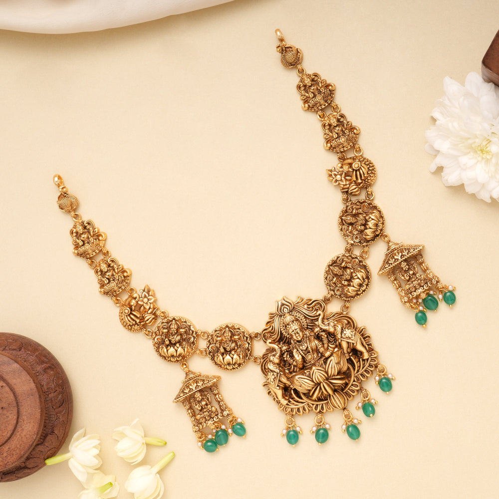 Antique Gaja Lakshmi Emerald Beads Golden Necklace