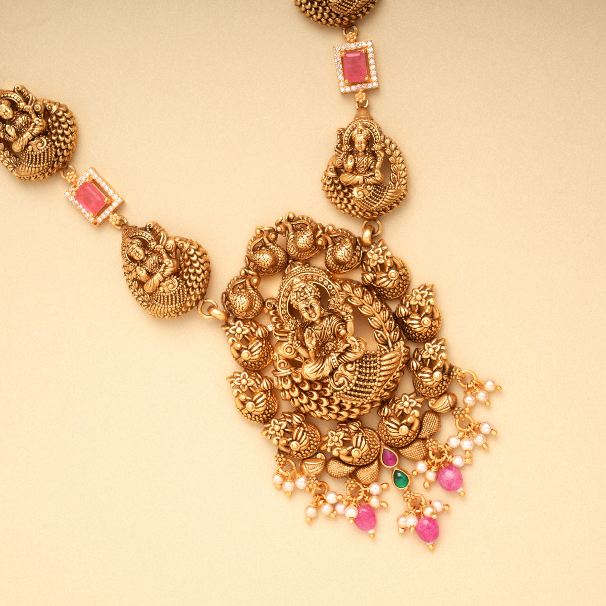 Grand Peacock Lakshmi Pink Stone Golden Necklace