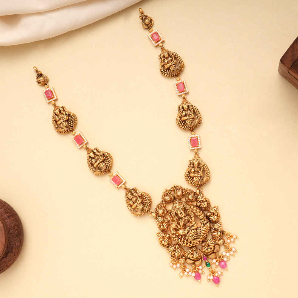 Grand Peacock Lakshmi Pink Stone Golden Necklace