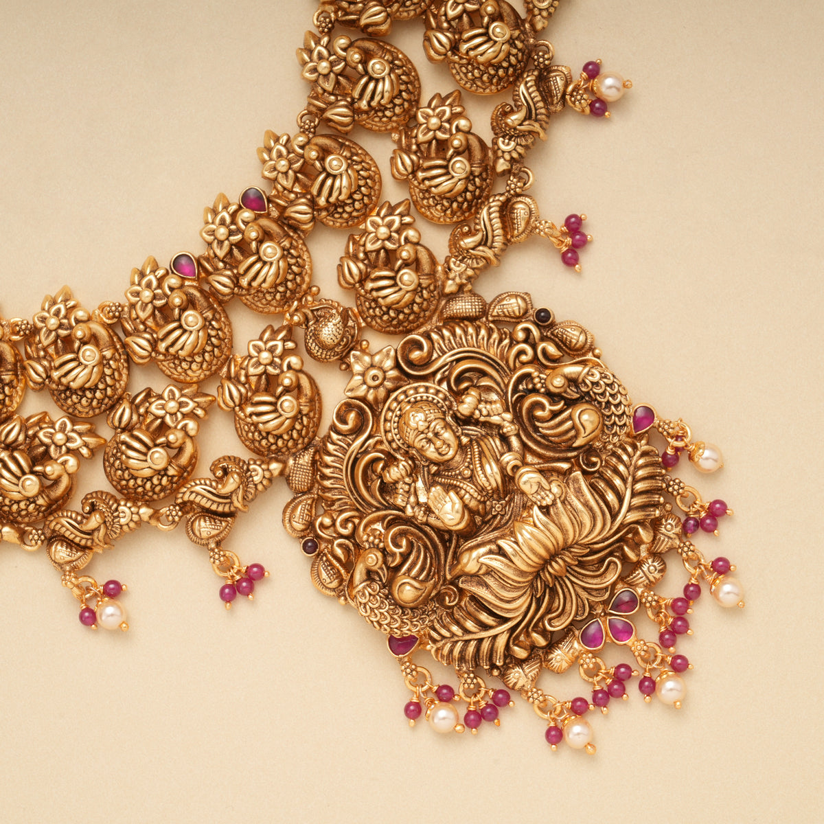 Temple Design Lakshmi Ruby Beads Golden Necklace