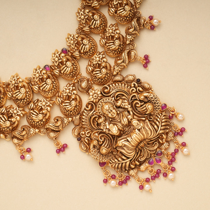 Temple Design Lakshmi Ruby Beads Golden Necklace