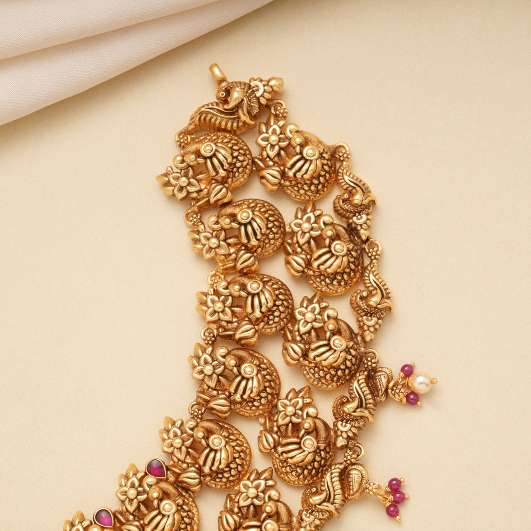 Temple Design Lakshmi Ruby Beads Golden Necklace