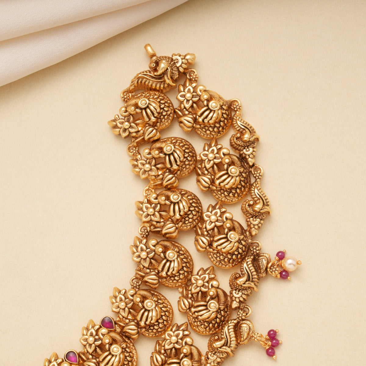 Temple Design Lakshmi Ruby Beads Golden Necklace