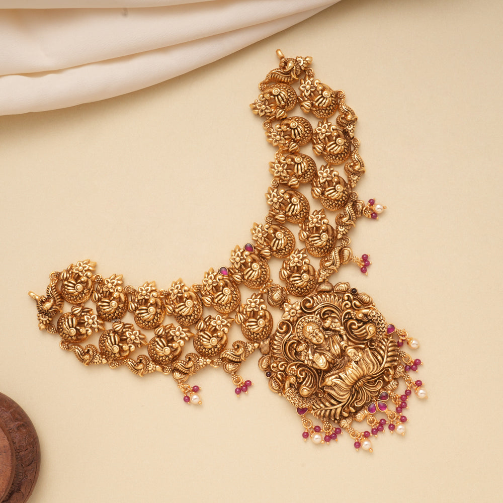 Temple Design Lakshmi Ruby Beads Golden Necklace