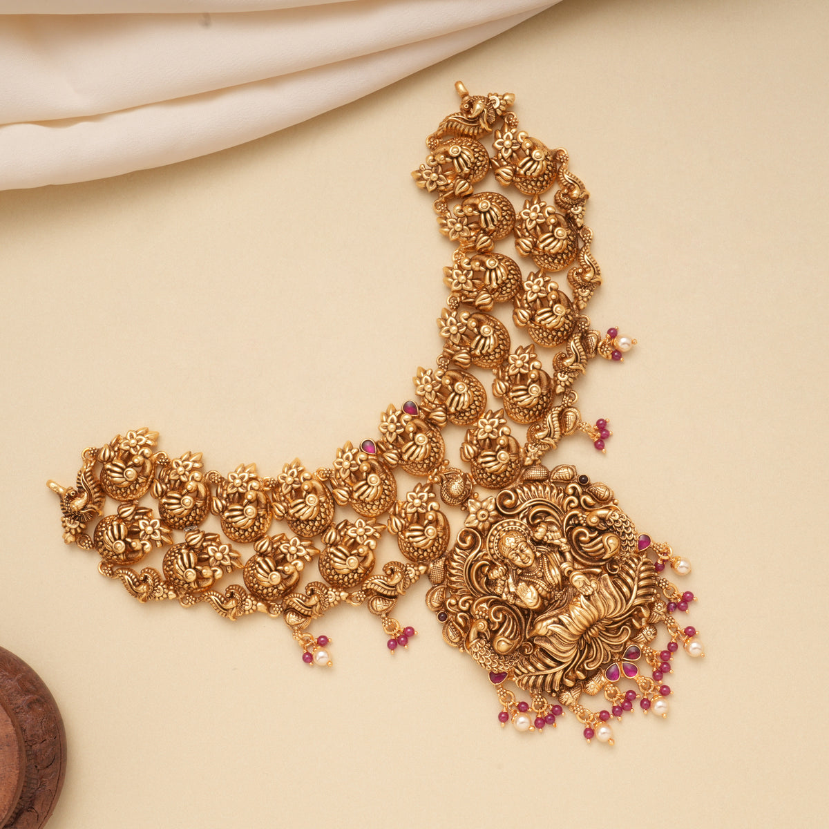 Temple Design Lakshmi Ruby Beads Golden Necklace
