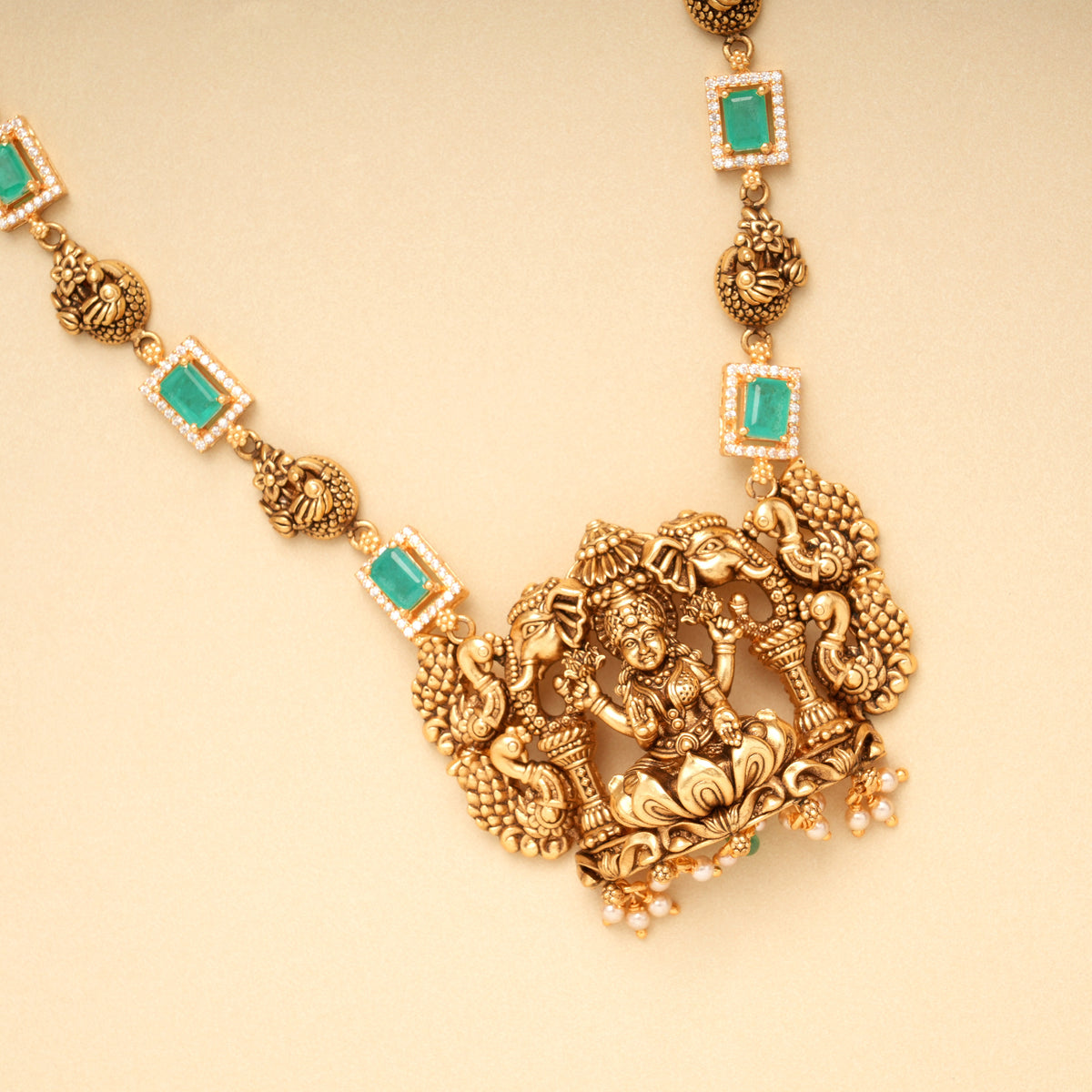 Antique Peacock Gaja Lakshmi Golden Necklace