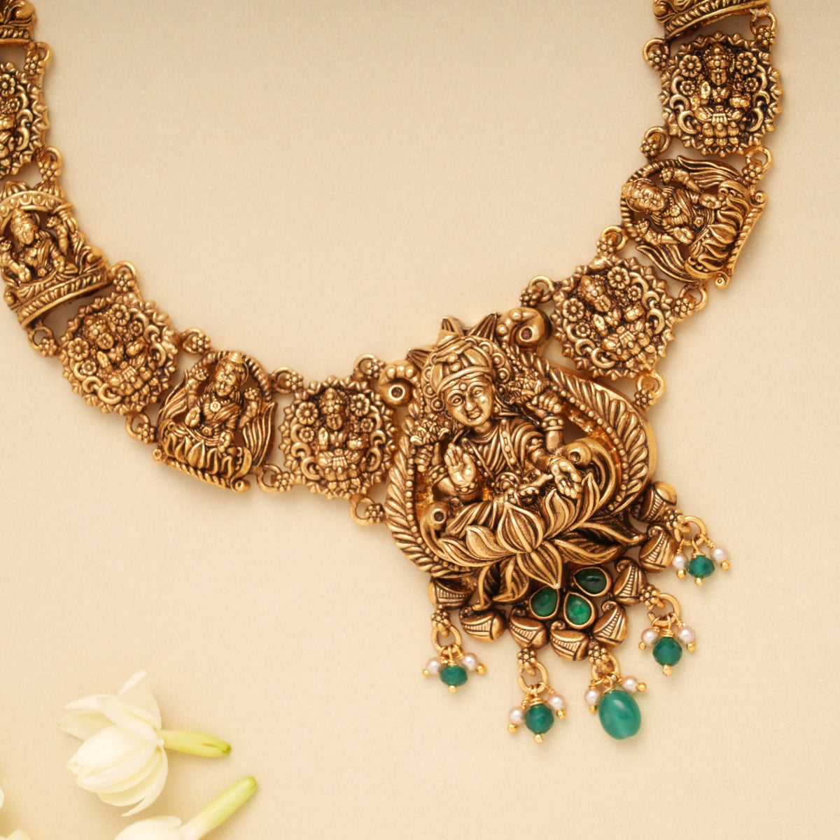 Golden Divine Lakshmi Emerald Beads Necklace