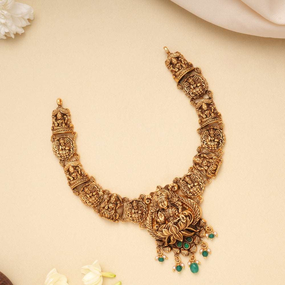 Golden Divine Lakshmi Emerald Beads Necklace