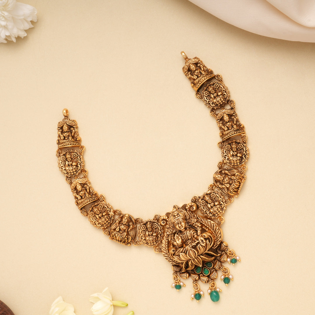 Golden Divine Lakshmi Emerald Beads Necklace