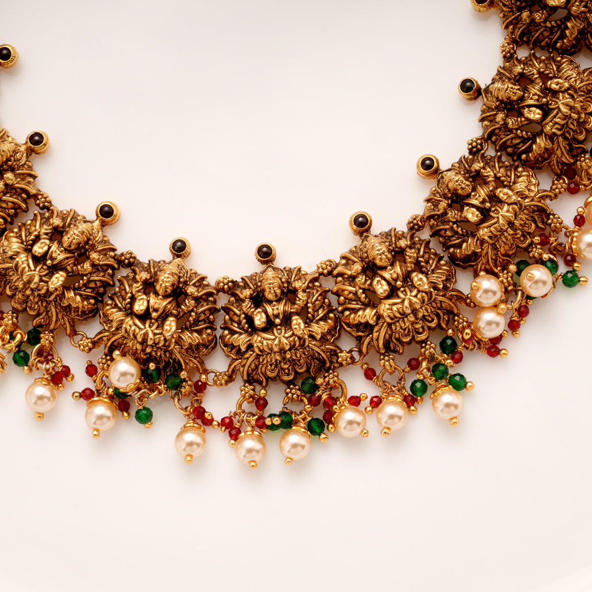 Antique Lakshmi with Pink Stone Drops Golden Necklace