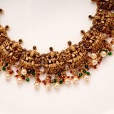 Antique Lakshmi with Pink Stone Drops Golden Necklace