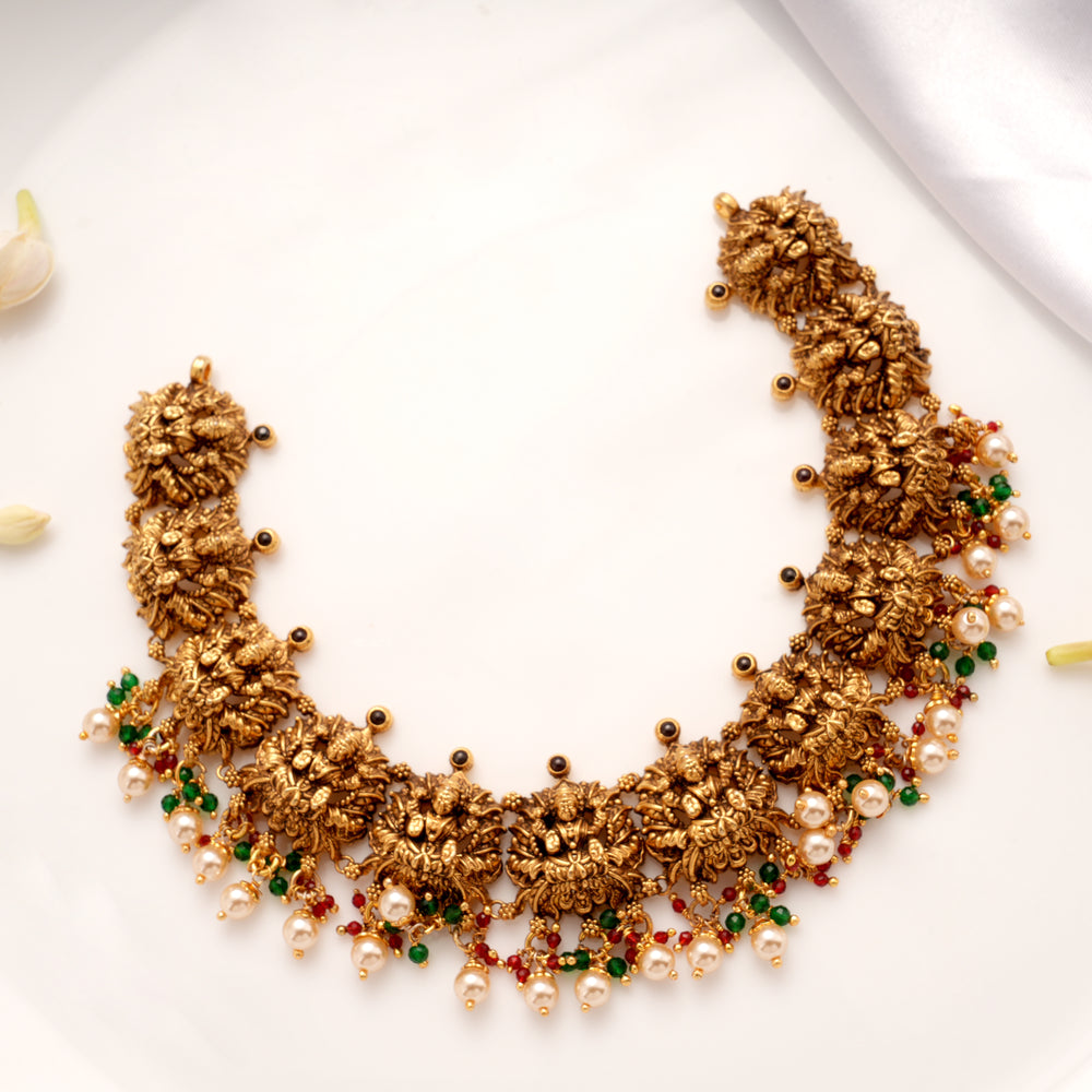 Antique Lakshmi with Pink Stone Drops Golden Necklace