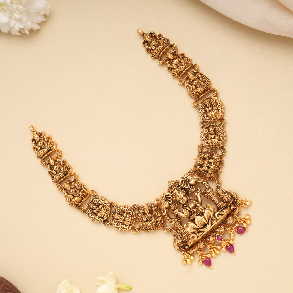 Antique Lakshmi Ruby Beads Golden Necklace