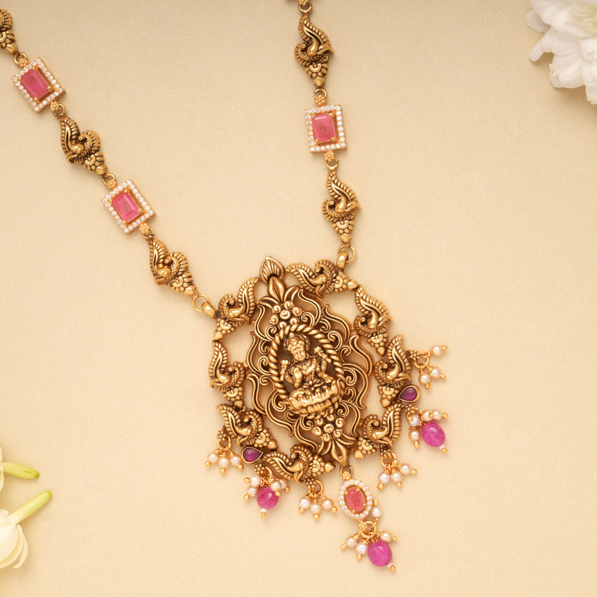 Antique Lotus Lakshmi Pink Stone Golden Necklace