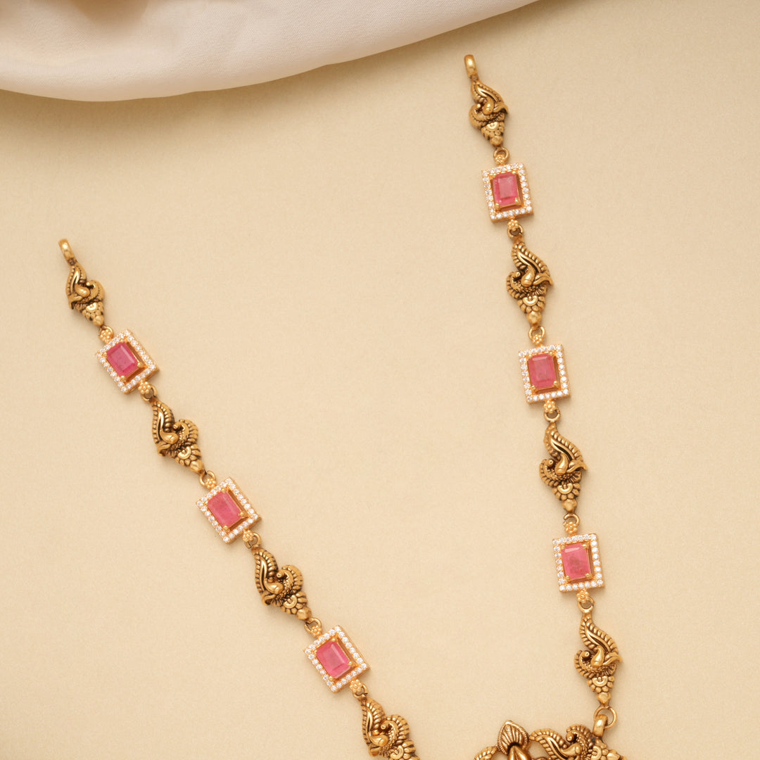 Antique Lotus Lakshmi Pink Stone Golden Necklace