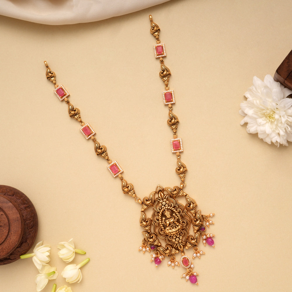Antique Lotus Lakshmi Pink Stone Golden Necklace