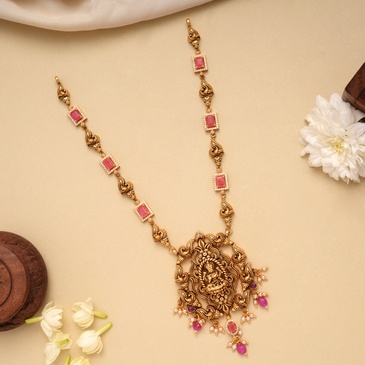 Antique Lotus Lakshmi Pink Stone Golden Necklace