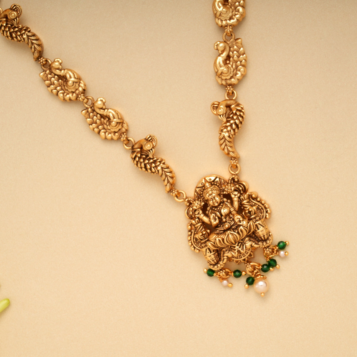 Devotional Lakshmi Green Beads Golden Necklace