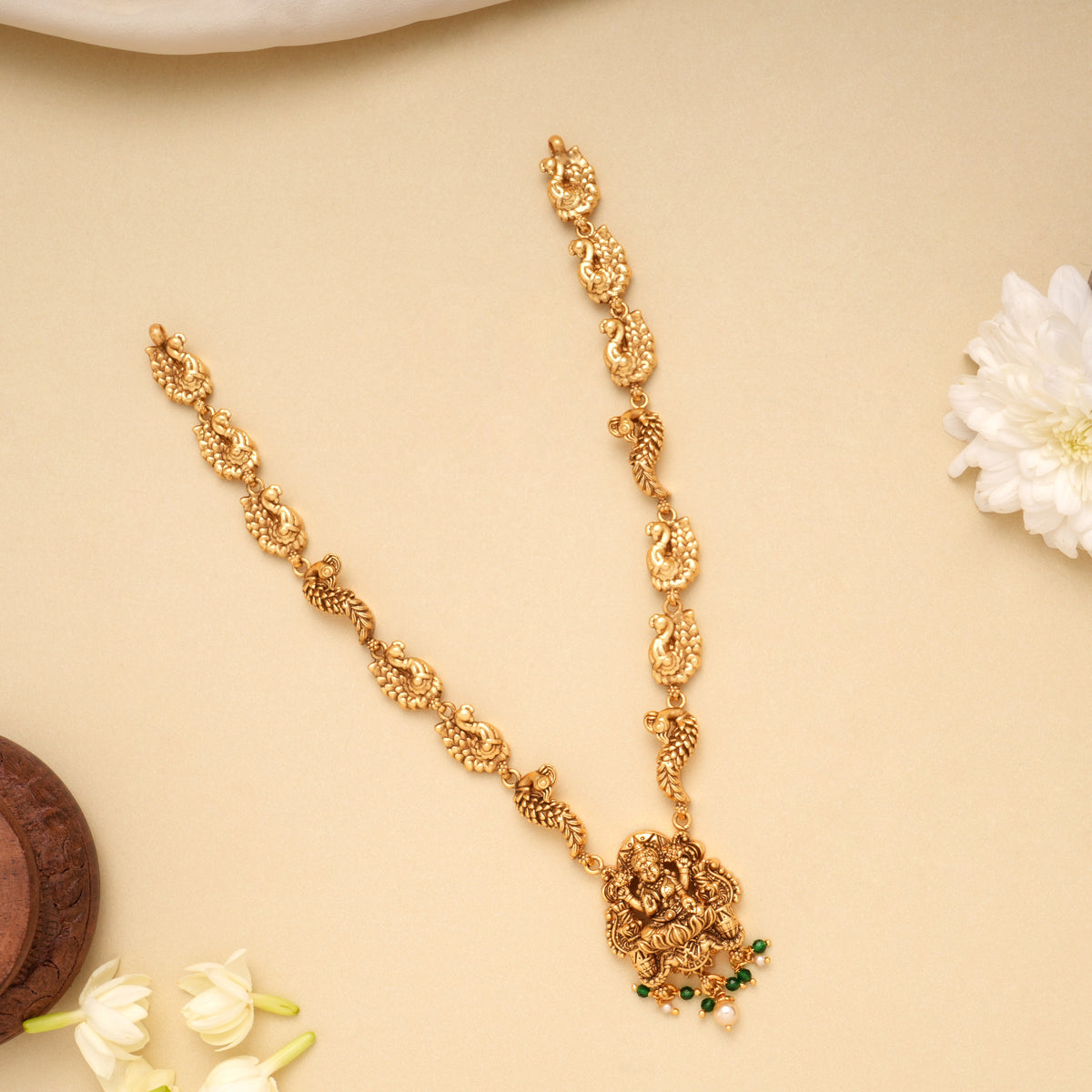 Devotional Lakshmi Green Beads Golden Necklace