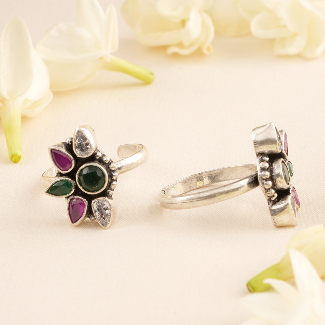 Half Floral Ruby and Emerald Toe Ring
