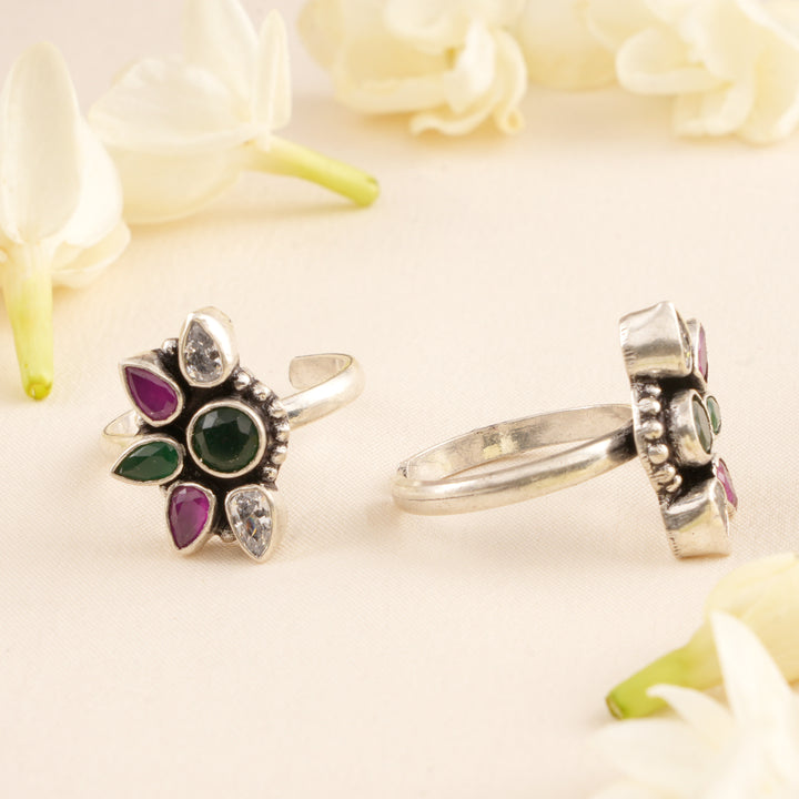 Half Floral Ruby and Emerald Toe Ring