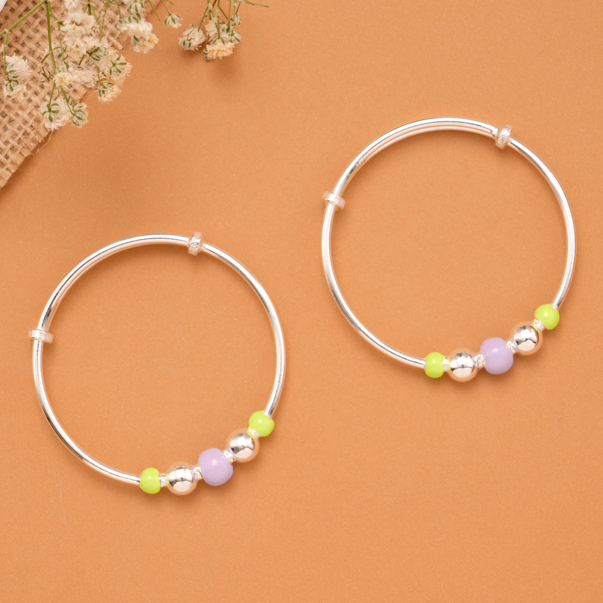 Neon Green & Lavender Bead Baby Silver Bangle