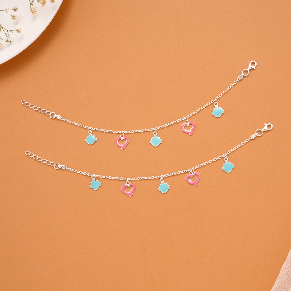 Pink Colour Heart Enamel Silver Baby Anklets