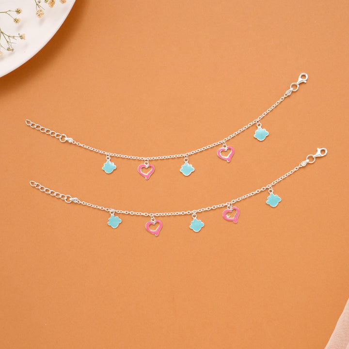 Pink Colour Heart Enamel Silver Baby Anklets