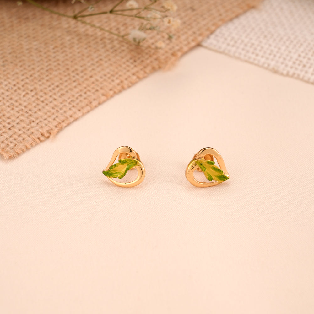 Open Heart Shape Green Leaf Golden Stud