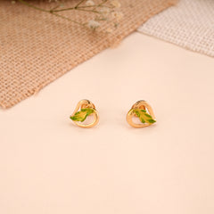 Open Heart Shape Green Leaf Golden Stud