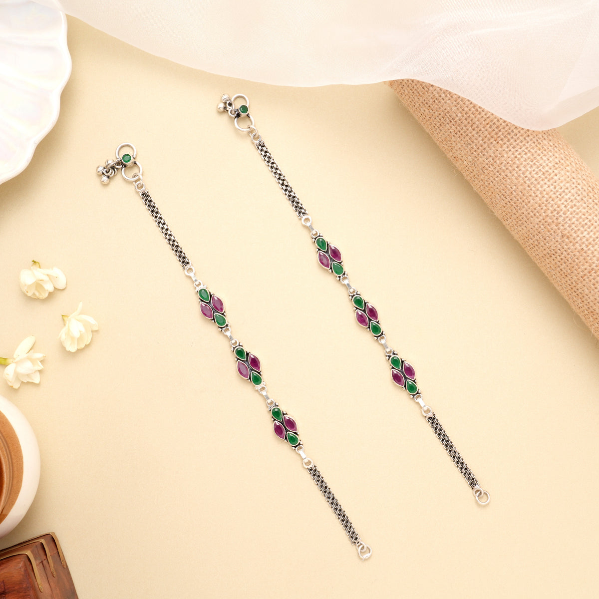 Ruby Emerald Cluster Trail Silver Anklet