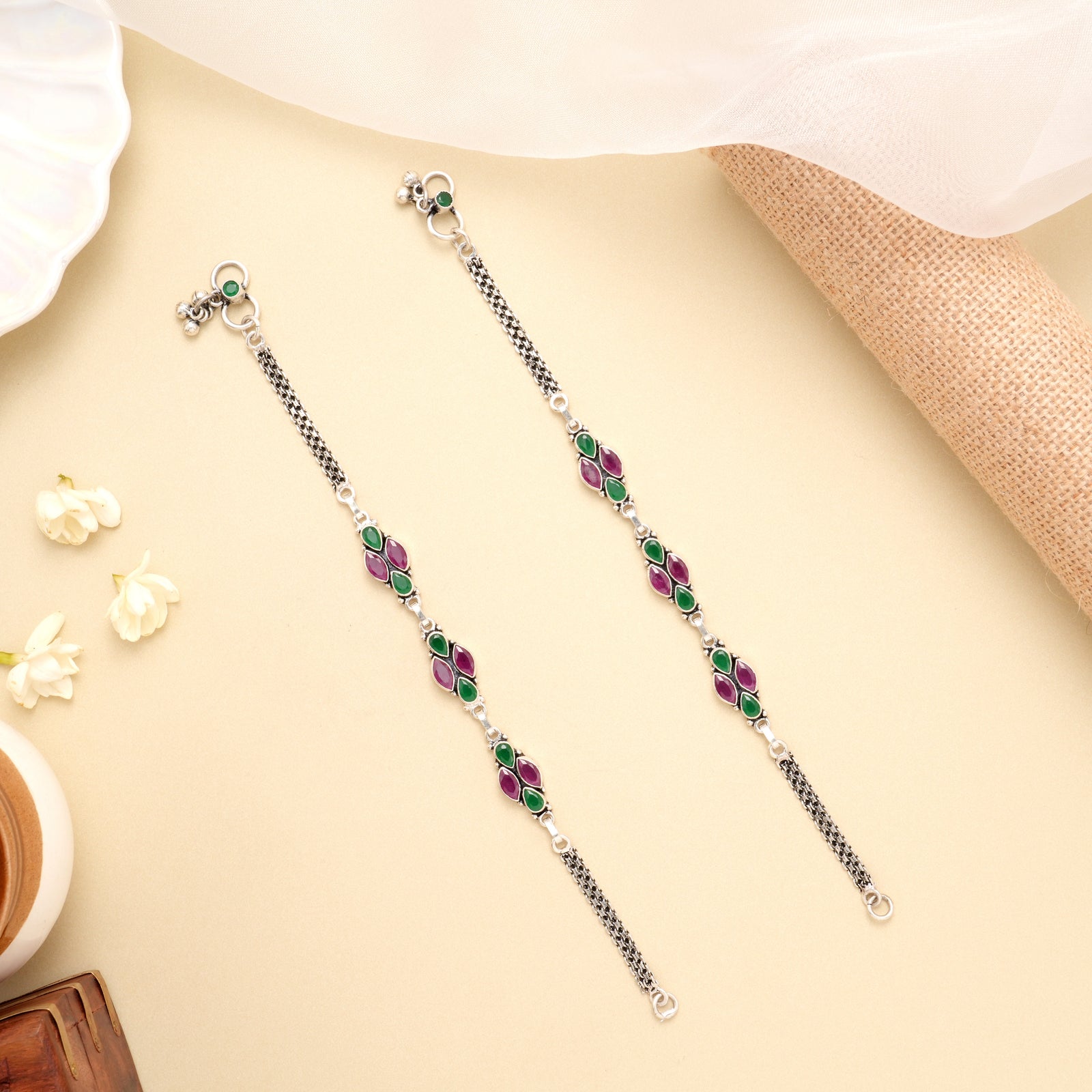Ruby Emerald Cluster Trail Silver Anklet