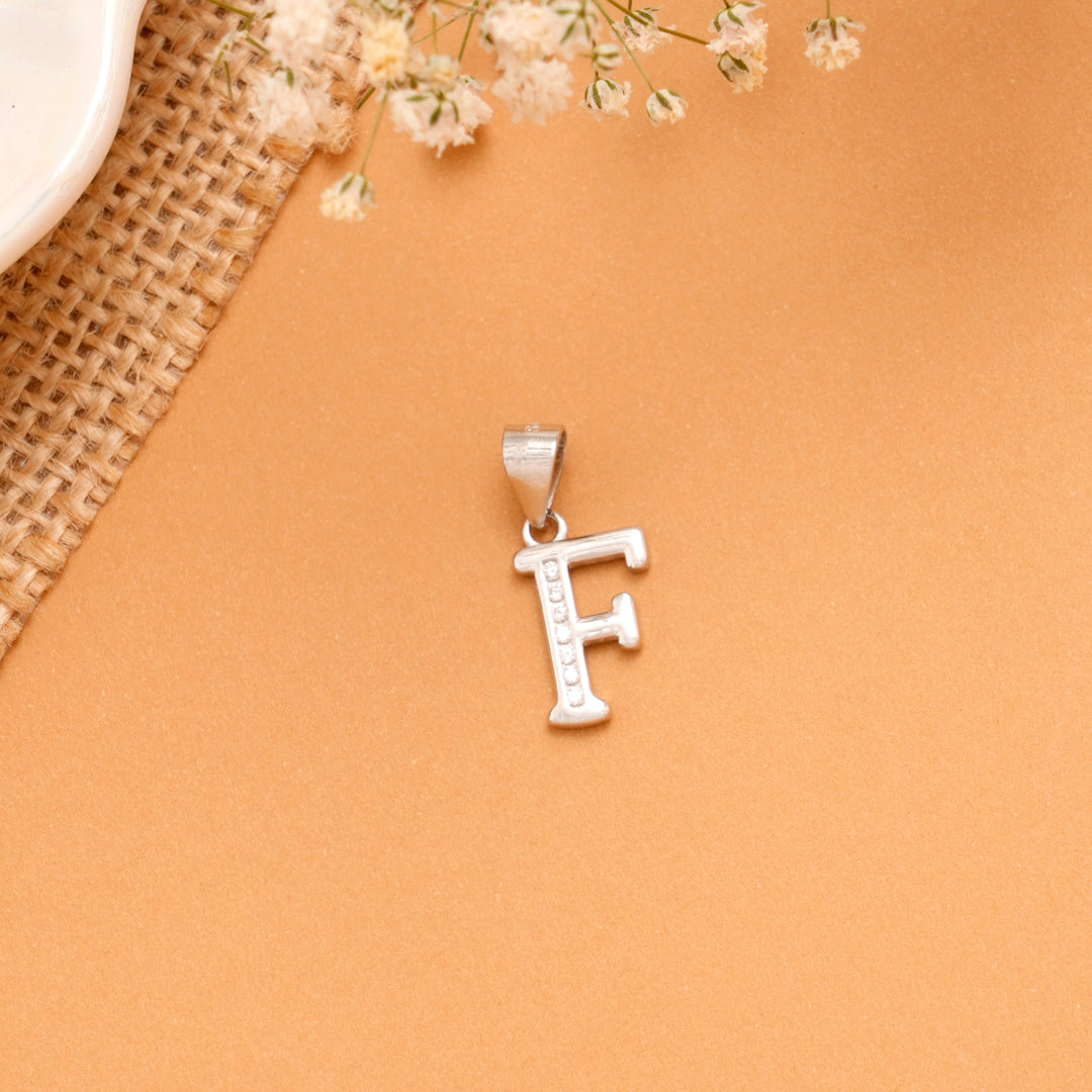 Tiny F with Stone Initial Silver Pendant