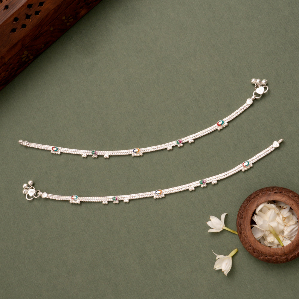 Thin and Simple Oval Enamel Silver Anklet