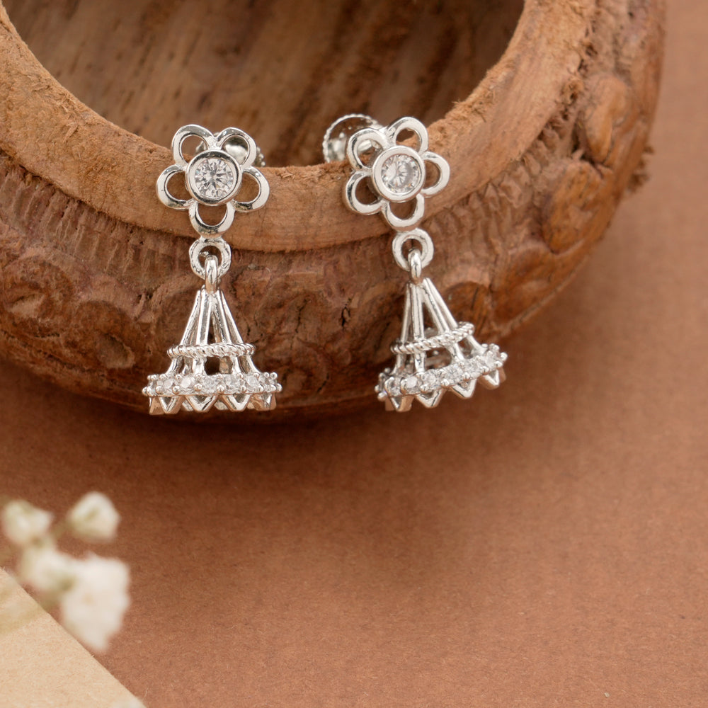 Floral Lattice Design White Stone Silver Jhumkas