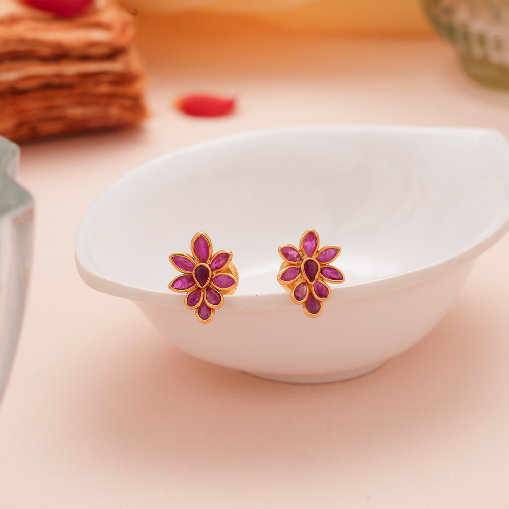 Radiant Ruby Floral Gold Stud