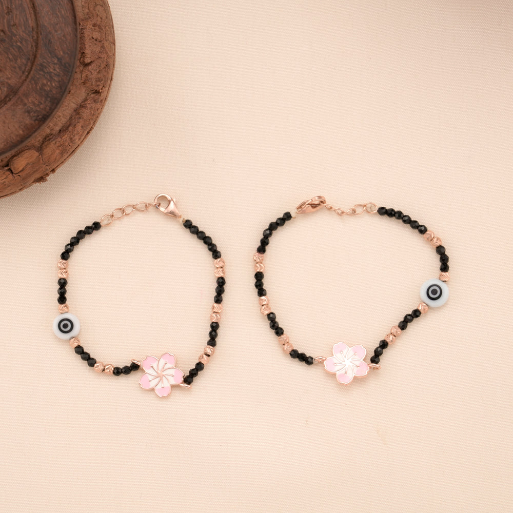 Minimal Black Beads with Floral Silver Baby Bracelet