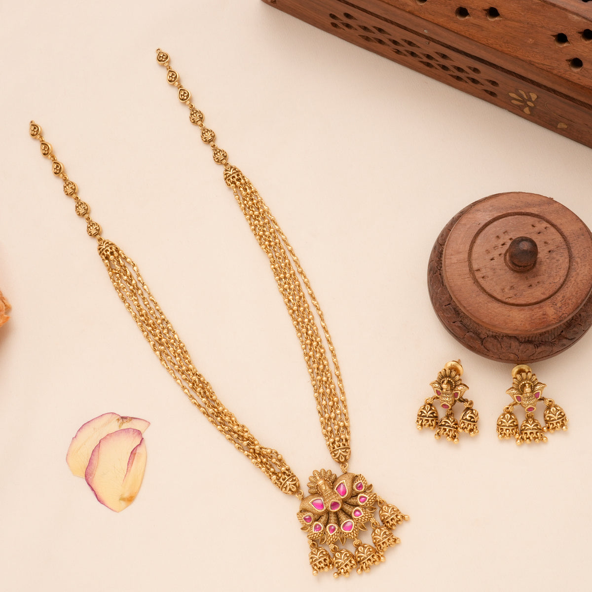 Multi Layer Chain with Ruby Peacock Golden Necklace Set