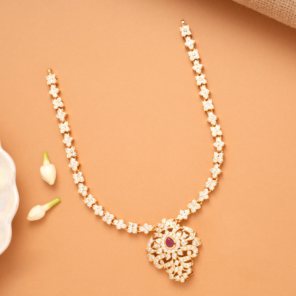 Blossom Tear Drop Ruby White Stone Golden Necklace