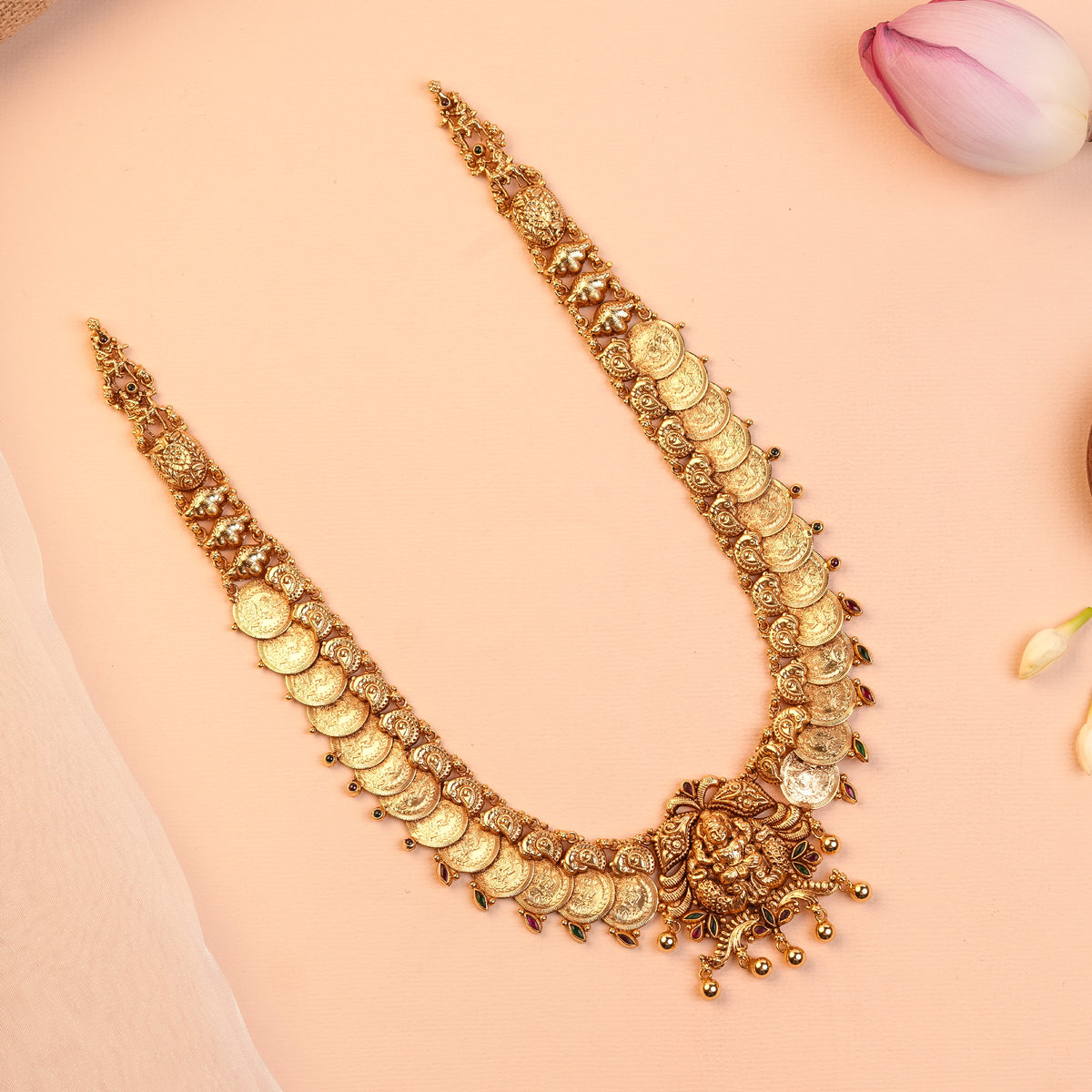 Gold Plated Silver Antique Lakshmi Kasu Mala Haram with Coin Chain