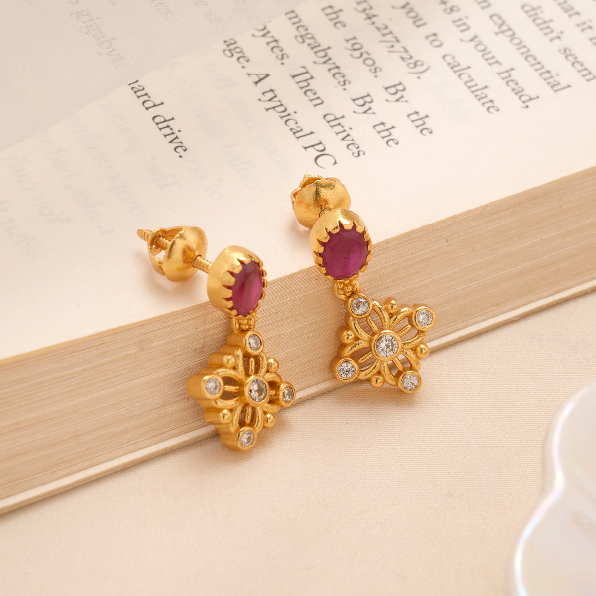 Ruby Drop Floral Silver Gold Plated Earring