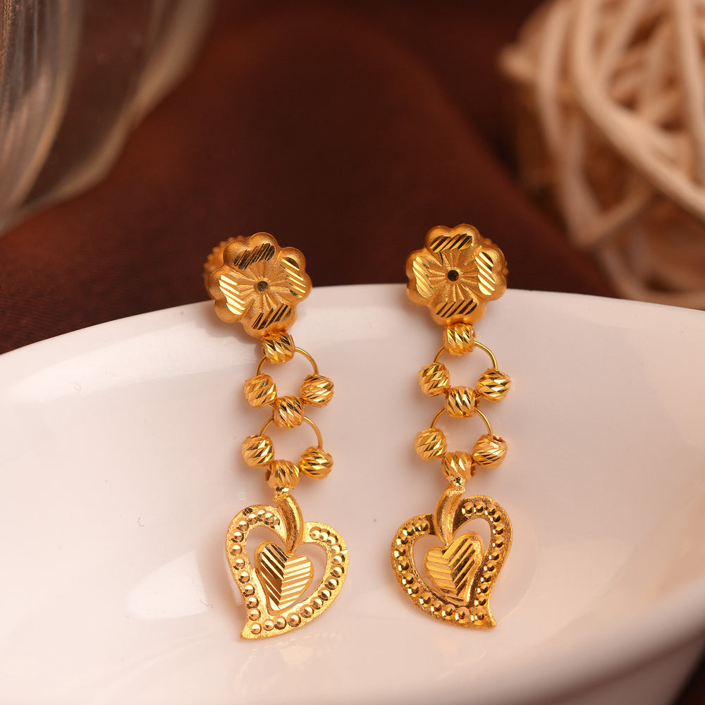 Gold Heart Leaf Drop Earrings with Beaded Chain