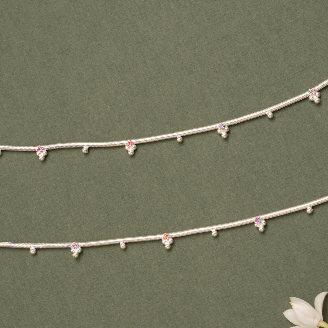 Floral Drop Silver Anklet with Enamel