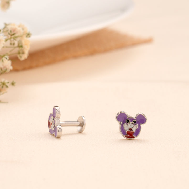 Purple Mouse Cartoon Enamel Silver Stud