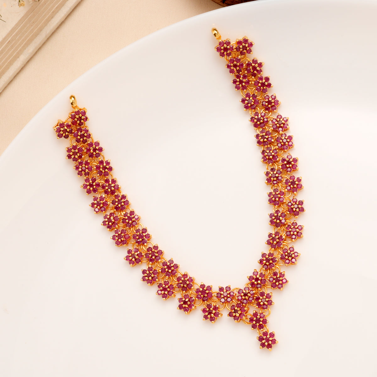 Ruby Cluster Floral Necklace Set