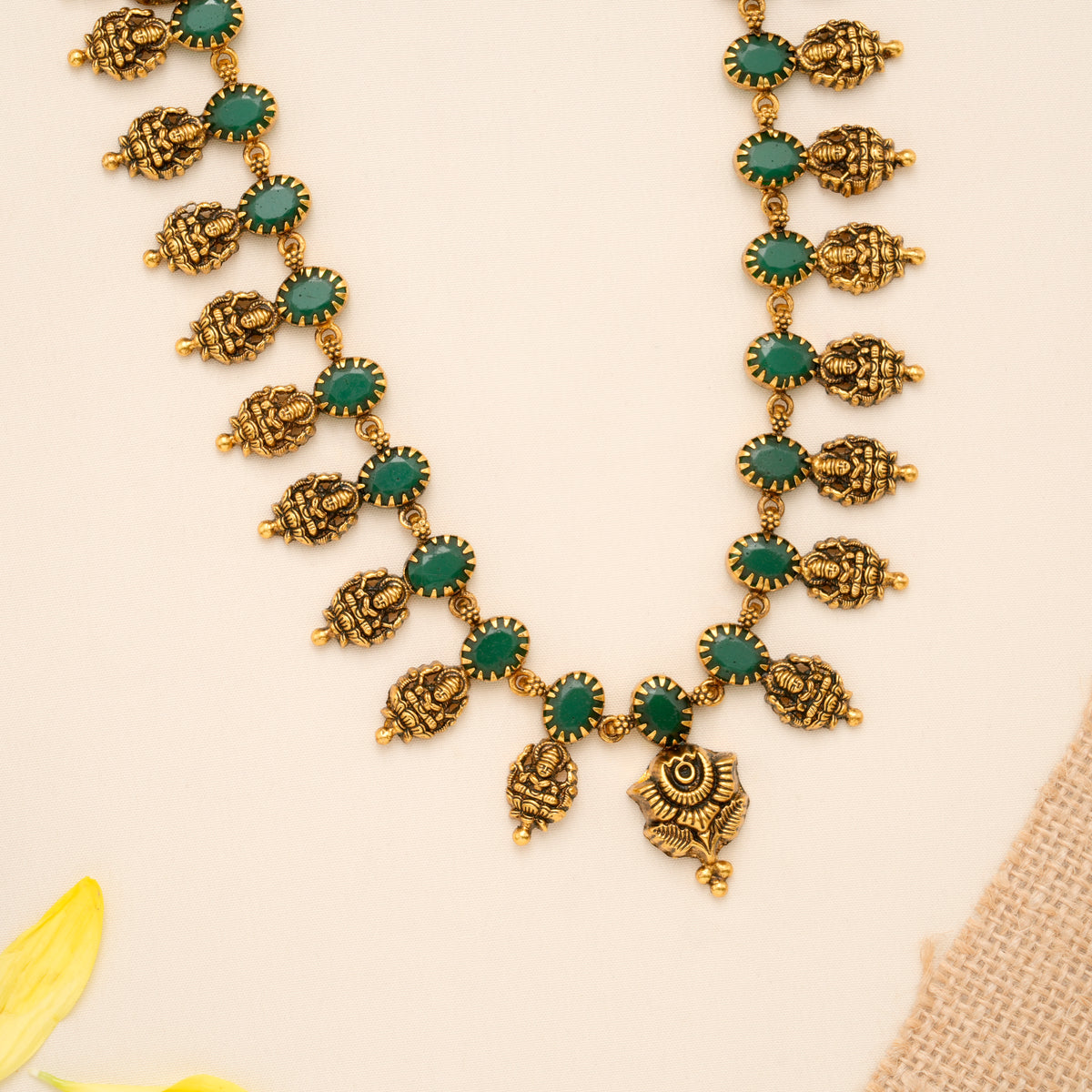 Floral with Emerald Lakshmi Pattern Golden Haram
