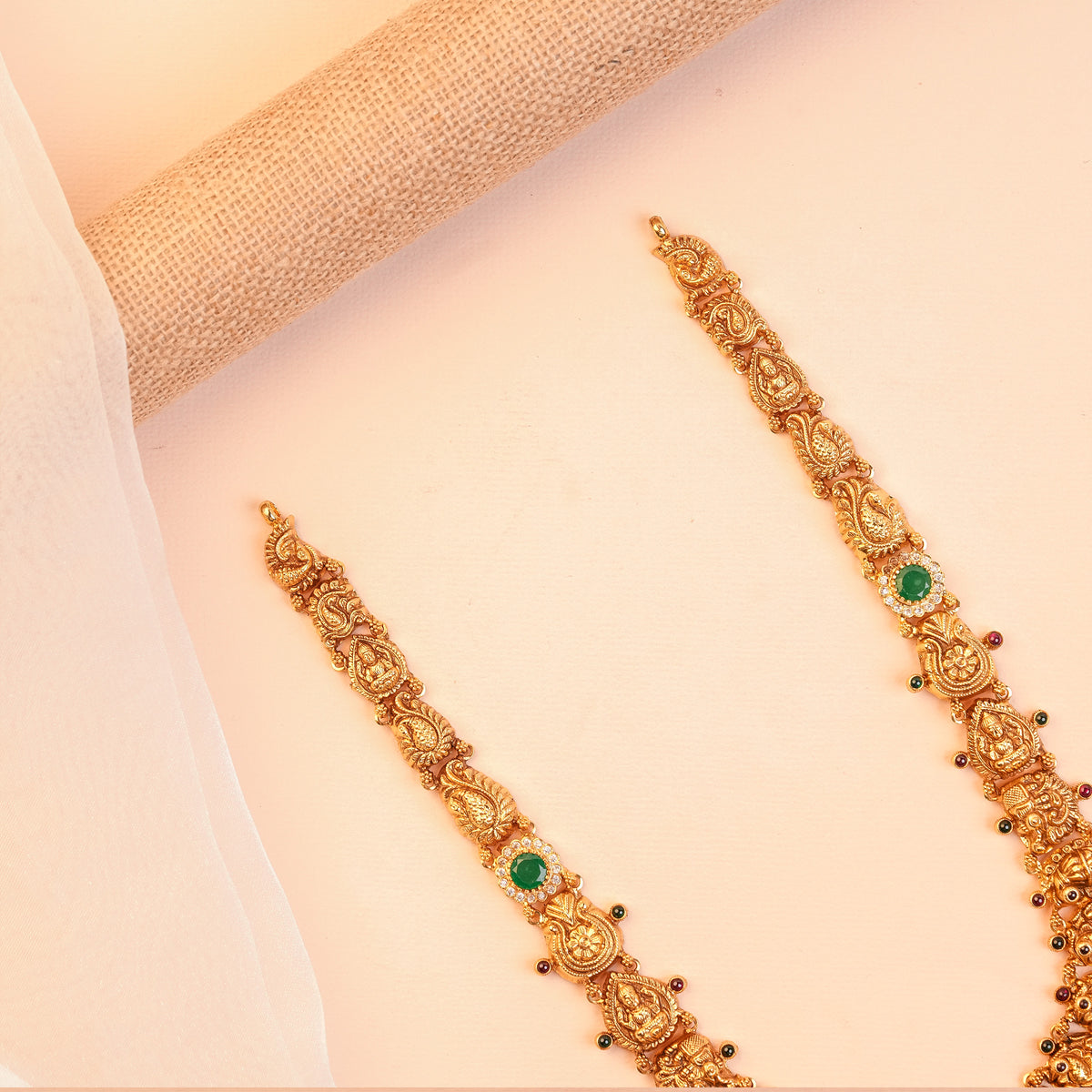 Gold Plated Silver Antique Lakshmi Temple Haram with Lakshmi Link Chain