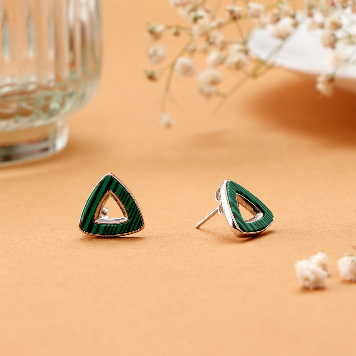 Natural Fan Shape Green Silver Stud