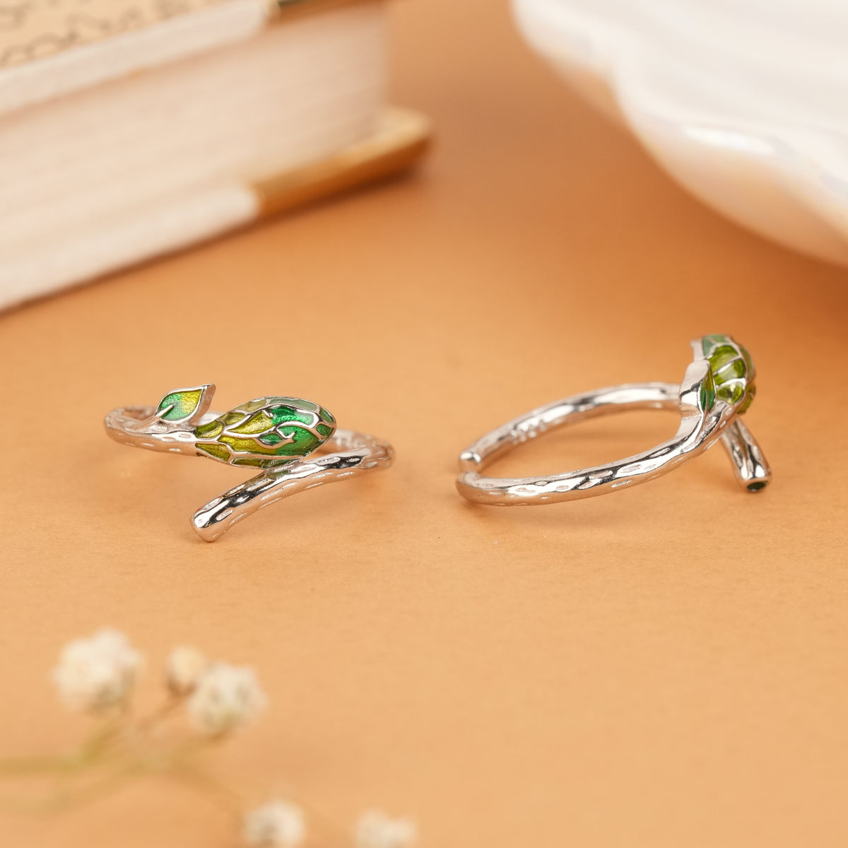 Classic Dual Green Leaf Silver Toe Ring