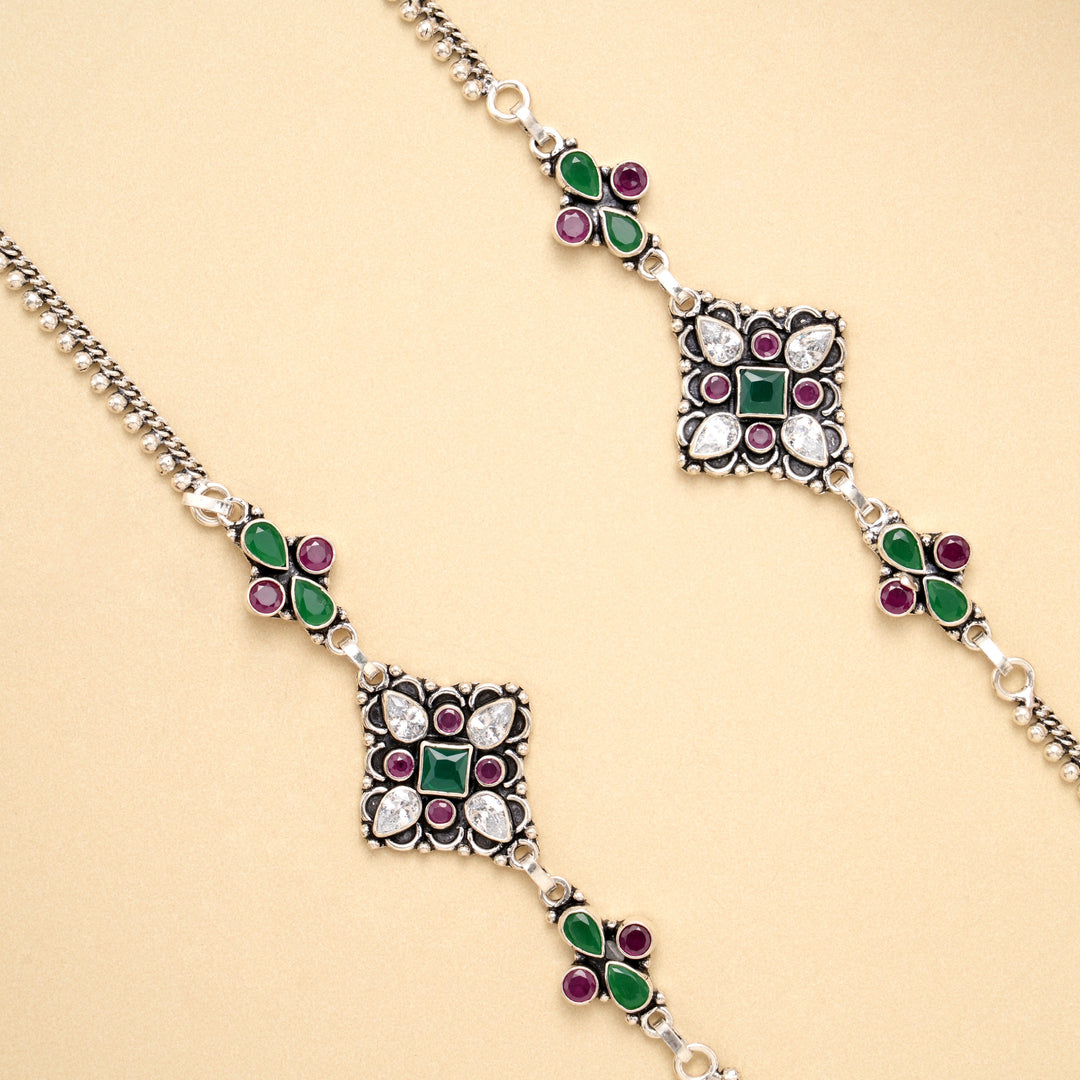 Ruby Emerald Square Bloom Silver Anklet